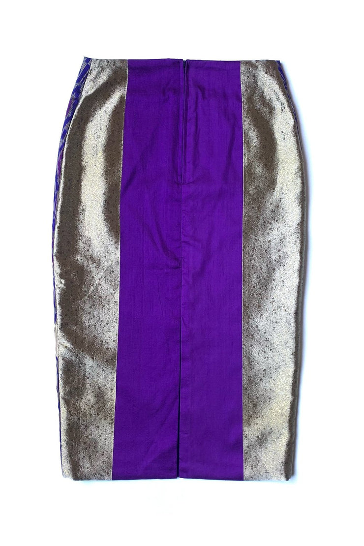 Jupe Midi « Soie Thaï Violette et Appliqués Dorés »