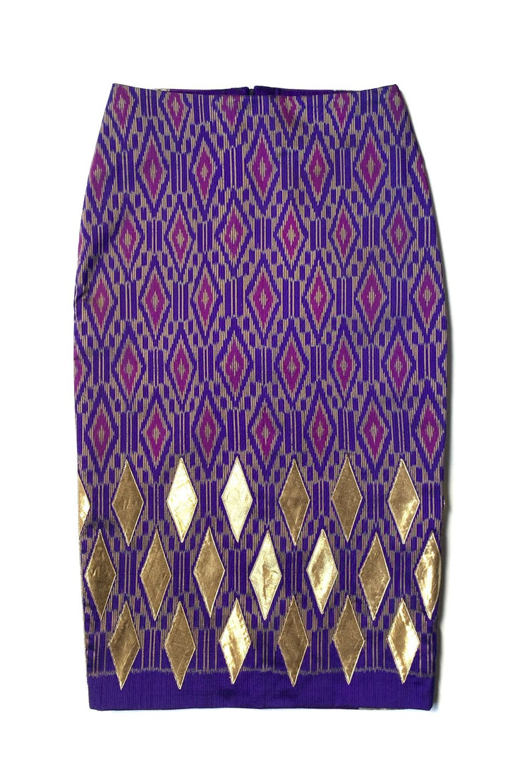 Jupe Midi « Soie Thaï Violette et Appliqués Dorés »
