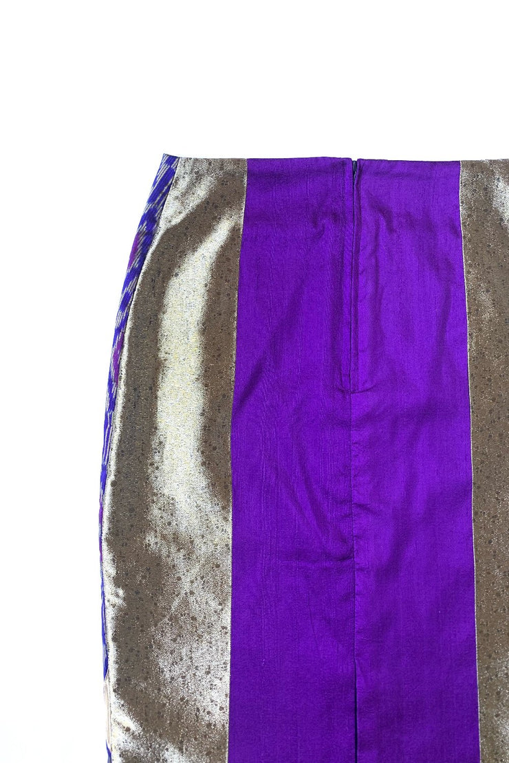 Jupe Midi « Soie Thaï Violette et Appliqués Dorés »