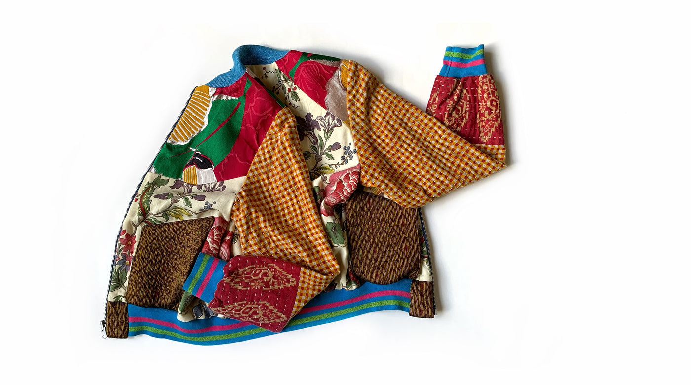 bomber réversible patchwork de tissus artisanaux et vintage asiatiques et européens