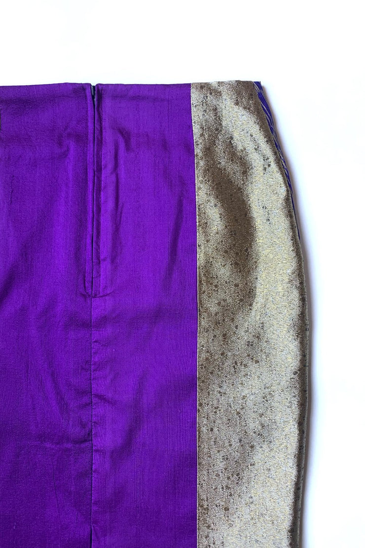 Jupe Midi « Soie Thaï Violette et Appliqués Dorés »