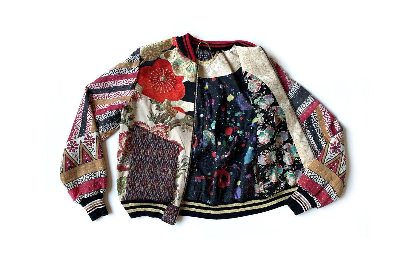 bomber Ume, patchwork réversible de tissus artisanaux et vintage Asiatiques et Européens.