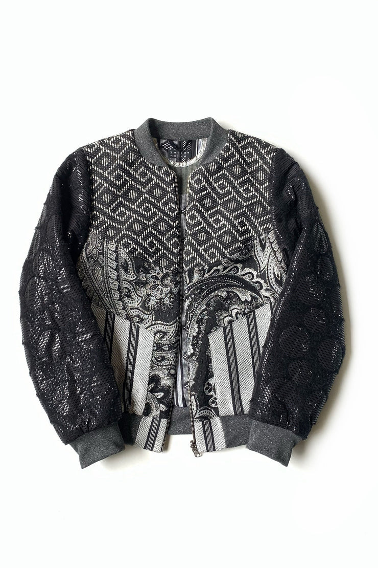 bomber réversible en patchwork noir et gris pailleté à motifs