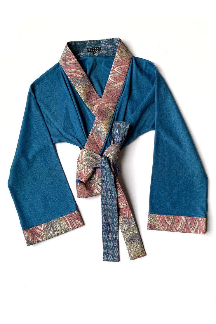“Sky Blue Pink Cotton” Wrap-around mini-kimono