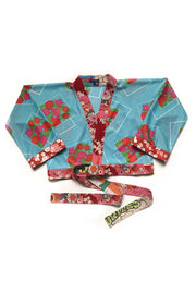 cache coeur bleu en maille imprimée vintage avec col, ceinture et poignet en tissu fleuri Japonais doublure Tortue Ninja 