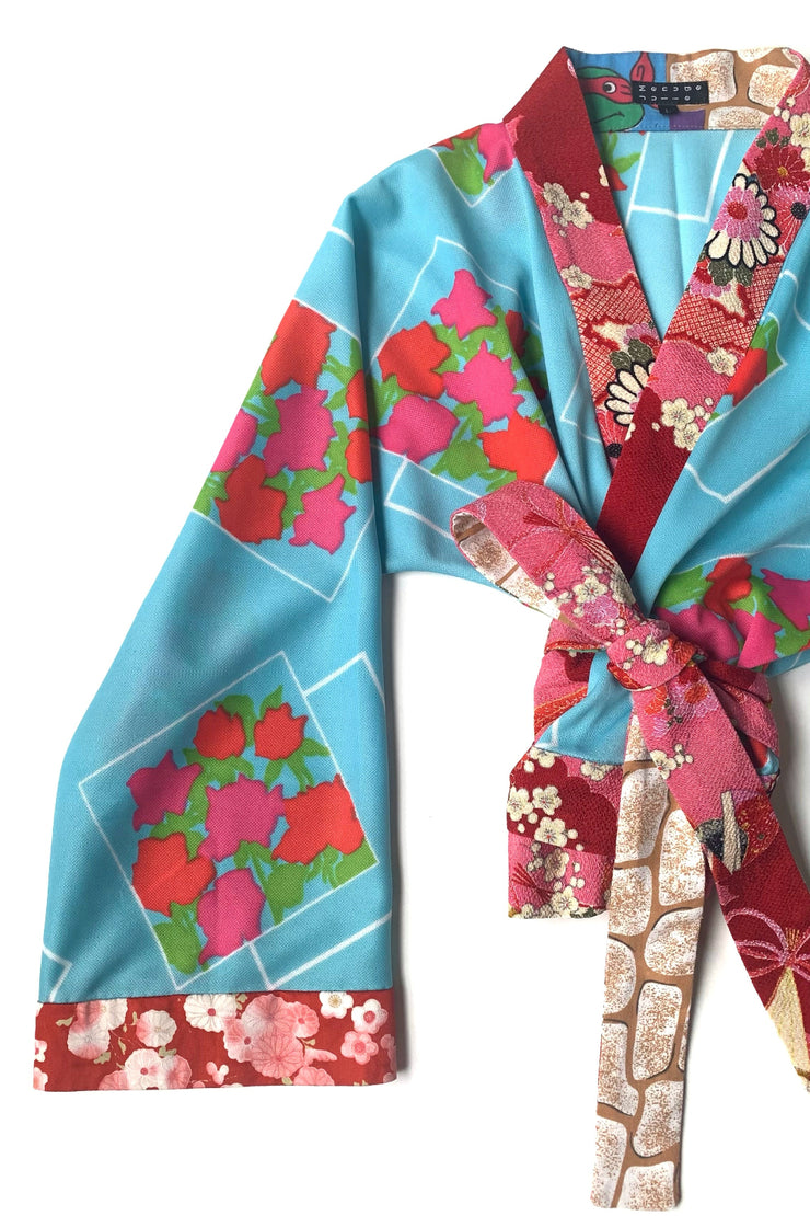 cache coeur bleu et rose à fleurs imprimées doublure de la ceinture et de l&