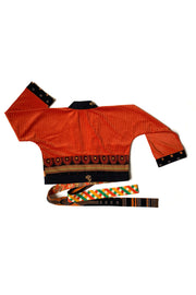 cache-coeur en jersey velours orange et tricot à motifs fleuris encadré par des bordures noires de tissu vintage Art Déco