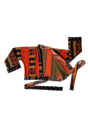 cache-coeur orange patchwork de mailles upcycling encadré par des tissus vintage à motifs imprimés