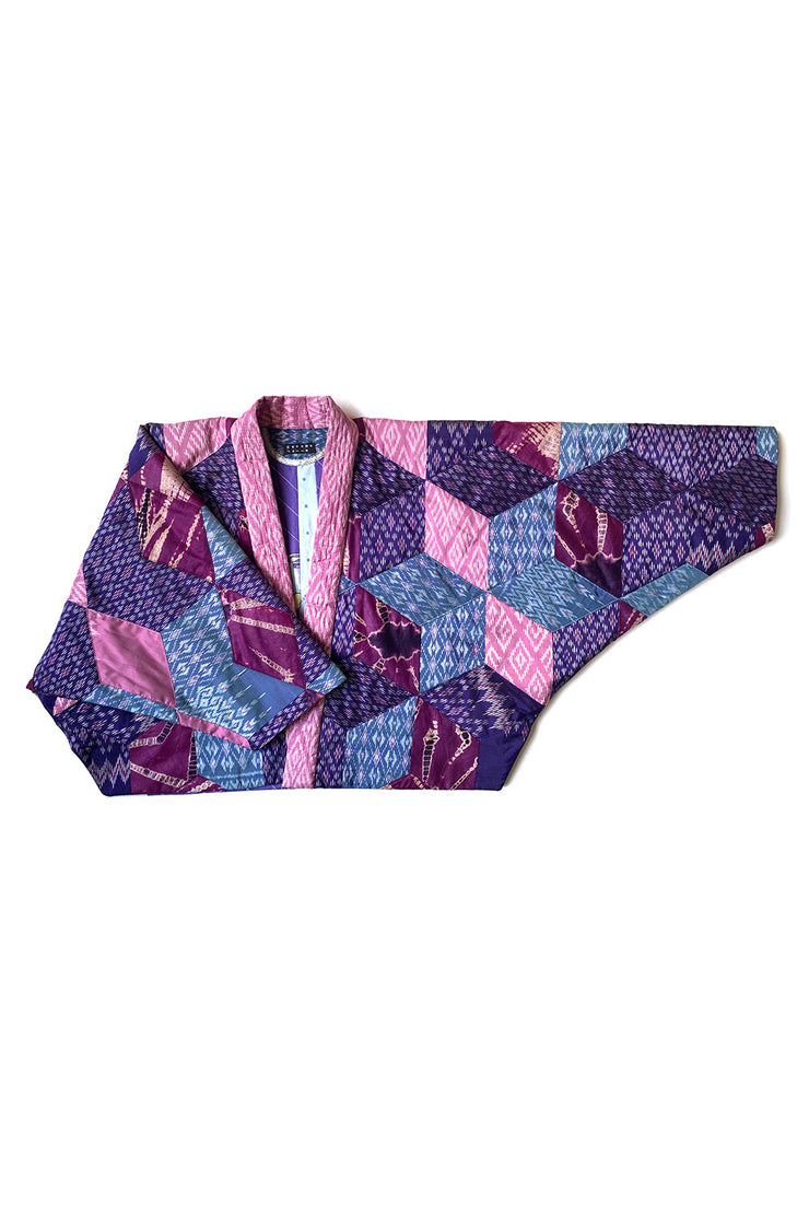 “Pink and Blue Quilted Silk Patchwork” Kimono Crop