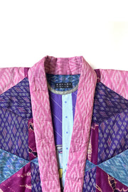 “Pink and Blue Quilted Silk Patchwork” Kimono Crop