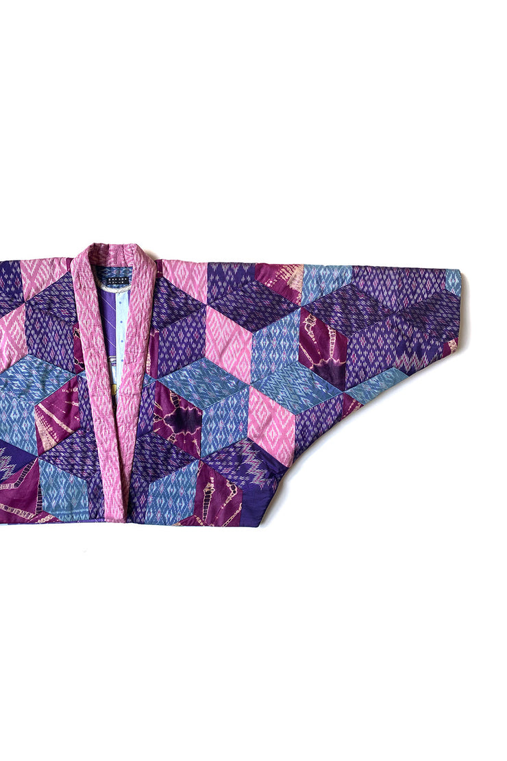 “Pink and Blue Quilted Silk Patchwork” Kimono Crop