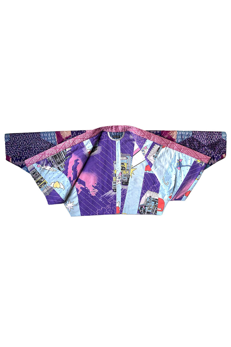 “Pink and Blue Quilted Silk Patchwork” Kimono Crop