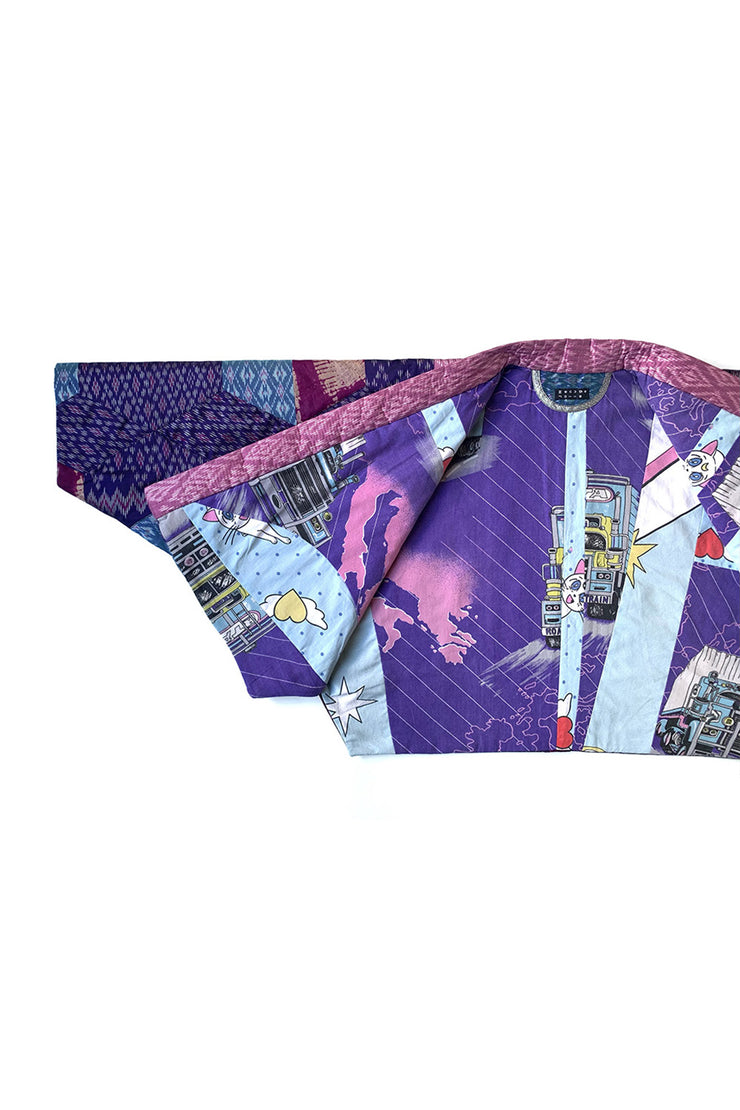 “Pink and Blue Quilted Silk Patchwork” Kimono Crop