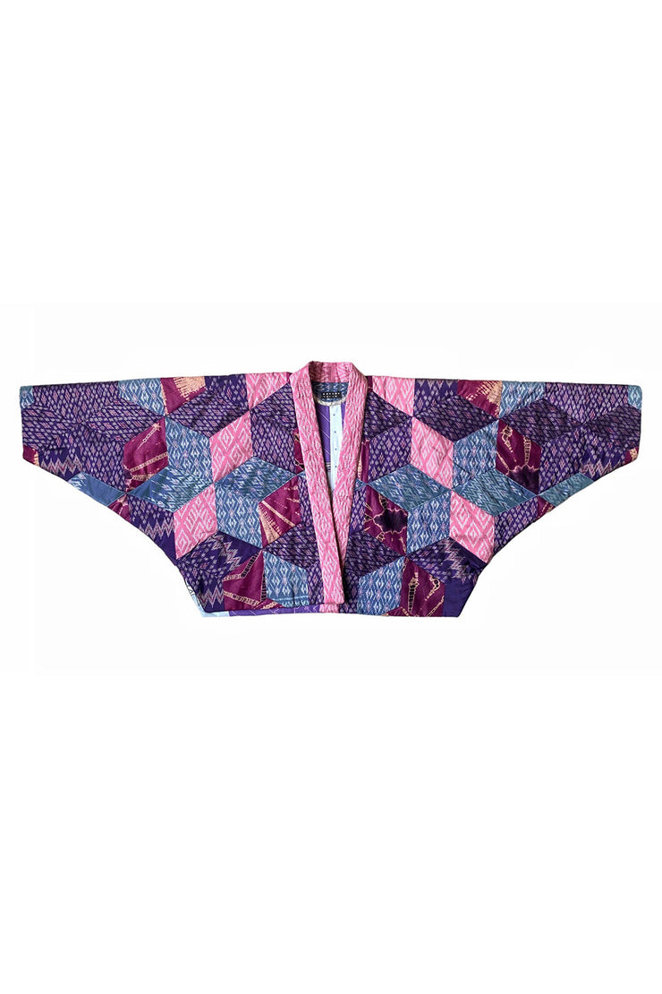 “Pink and Blue Quilted Silk Patchwork” Kimono Crop