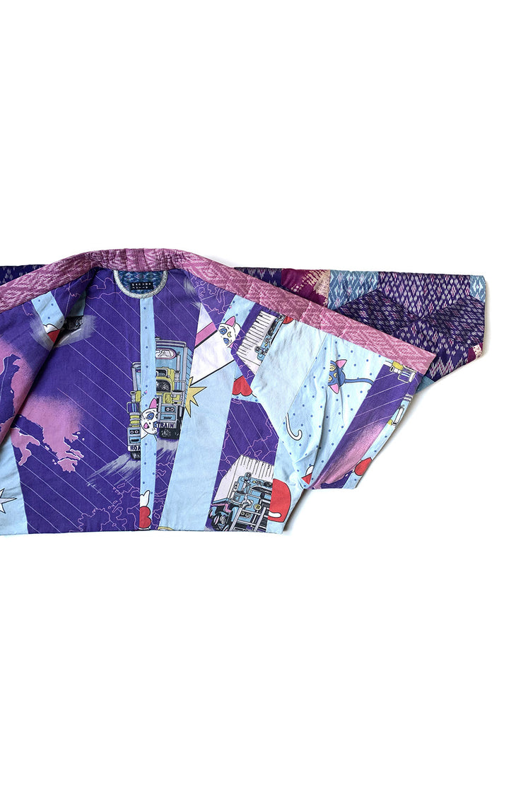 “Pink and Blue Quilted Silk Patchwork” Kimono Crop