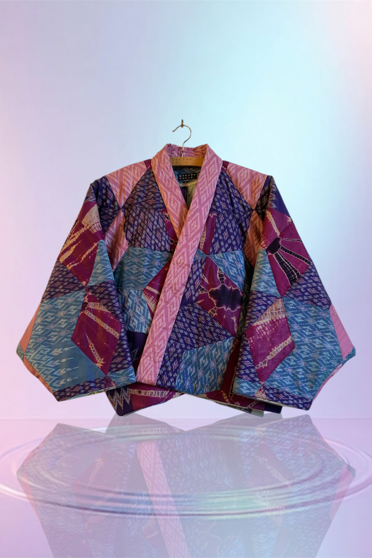 “Pink and Blue Quilted Silk Patchwork” Kimono Crop