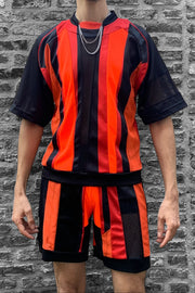 maillot et short upcycling noir et rouge orange de face
