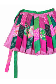 Thai Silk Pleated Skirt “Pink and Green Patchwork”