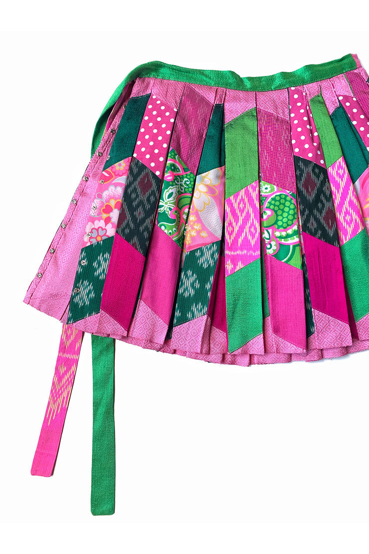 Thai Silk Pleated Skirt “Pink and Green Patchwork”