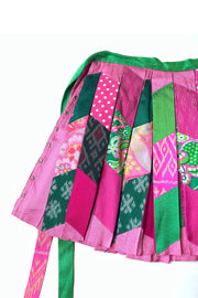 Thai Silk Pleated Skirt “Pink and Green Patchwork”