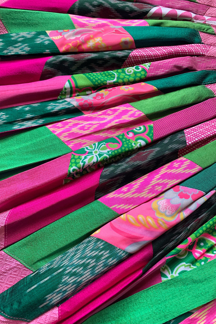 Thai Silk Pleated Skirt “Pink and Green Patchwork”