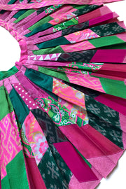 Thai Silk Pleated Skirt “Pink and Green Patchwork”