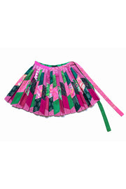 Thai Silk Pleated Skirt “Pink and Green Patchwork”