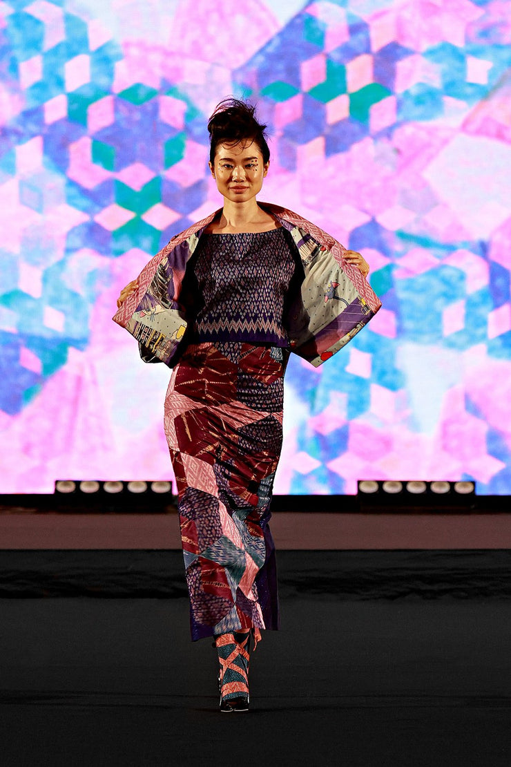 “Pink and Blue Quilted Silk Patchwork” Kimono Crop