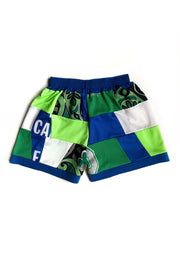 dos du short de foot upcyclé bleu blanc vert patchwork