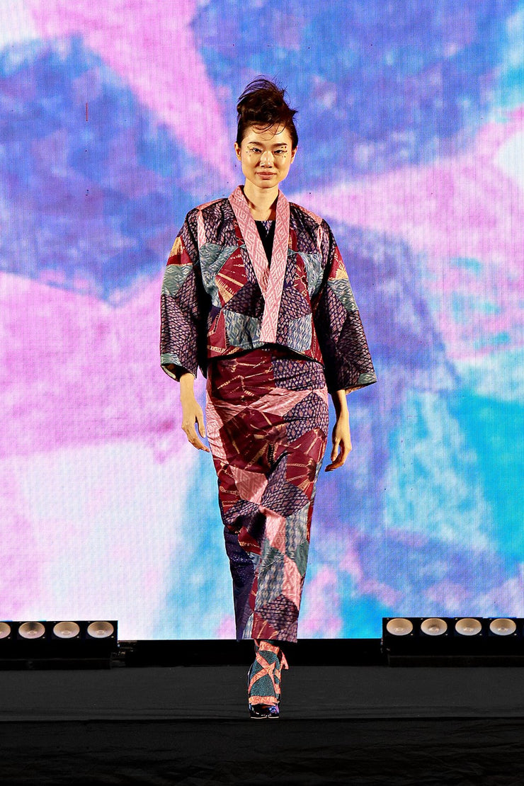 “Pink and Blue Quilted Silk Patchwork” Kimono Crop