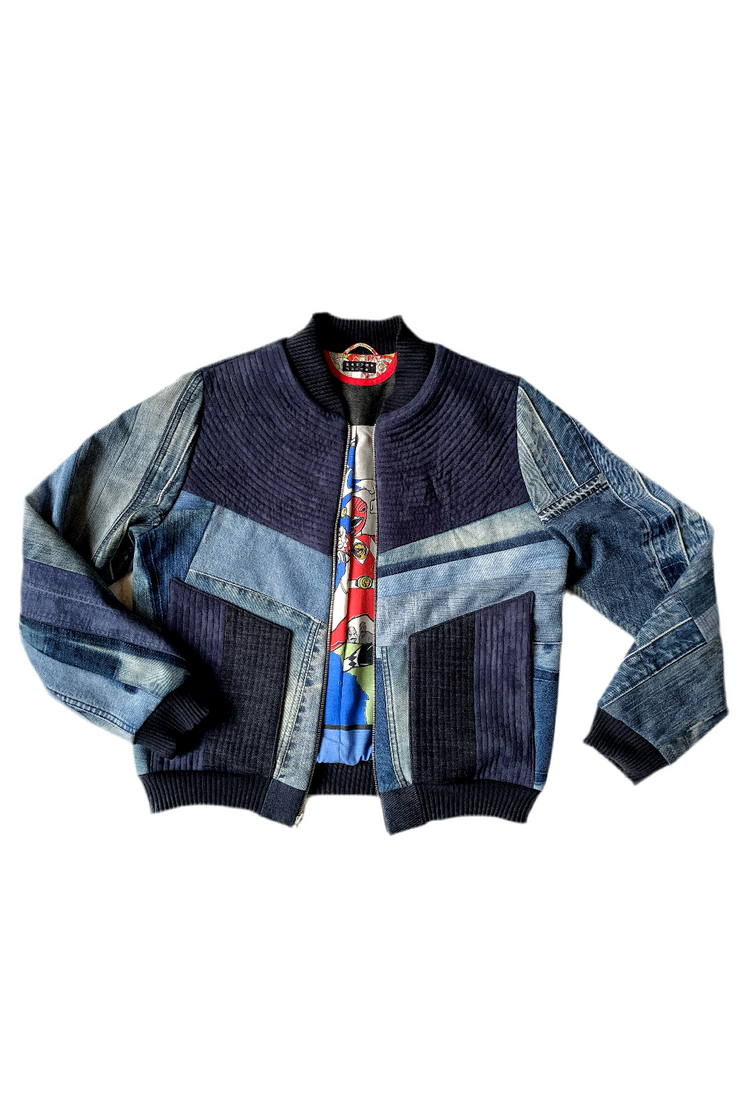 veste bomber designer made in Brussels en patchwork de jeans de réemploi de matériaux