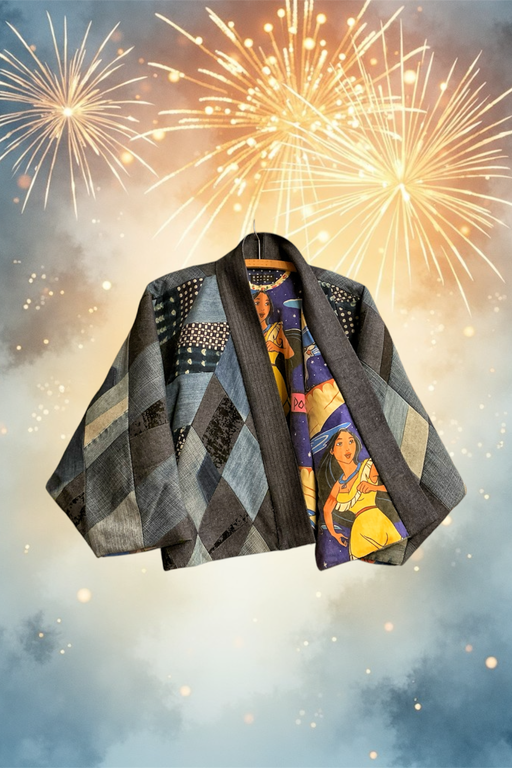 veste crop kimono en patchwork de jean's surcyclés et tissus indigo artisanal