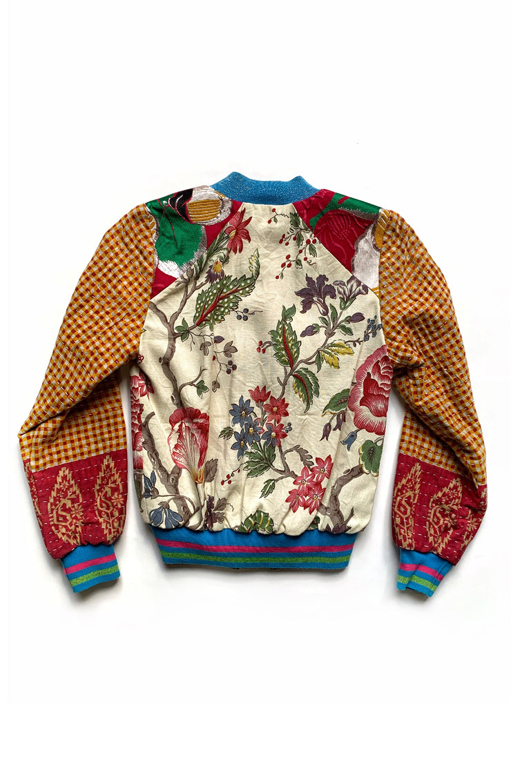 veste bomber réversible patchwork de tissus vintage à motifs fleuris et géométriques de dos