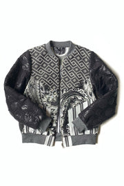 veste bomber noir et gris argentée à tissus vintage et artisanaux à motifs