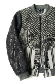 Veste bomber noir pailleté et gris argenté à tissus vintage à motifs graphiques et motifs paisley