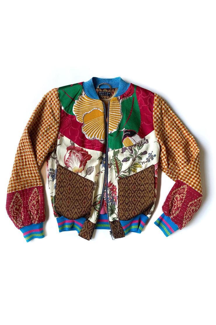 veste bomber patchwork réversible de tissus artisanaux à fleurs vintage Asiatiques et Européens